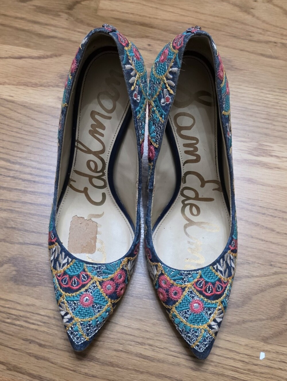 Sam Edelman Teal Floral Embroidered Pointed-Toe Heels - Picture 1 of 14